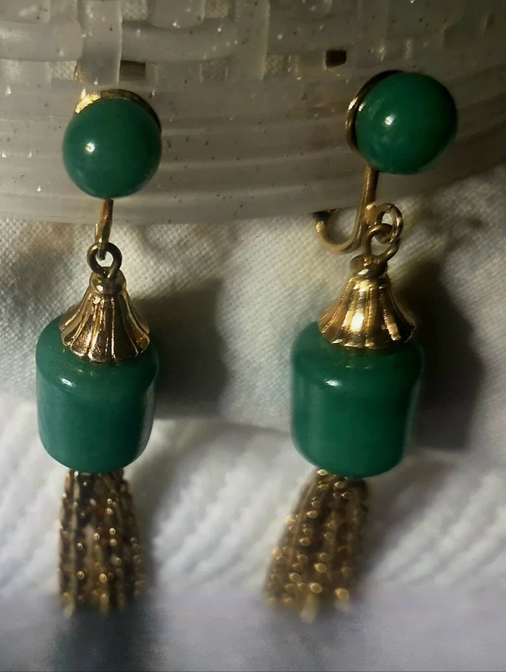 Vintage Green Earrings Lot, 1960s Faux Jade Pearl Drops + 1970s Gold Tassel